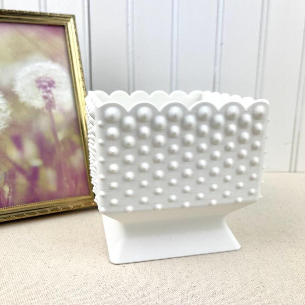 White Hobnail Bowl, Small Pedestal Bowl, Decorative Bowl with Scalloped Edge - Picture 1 of 9
